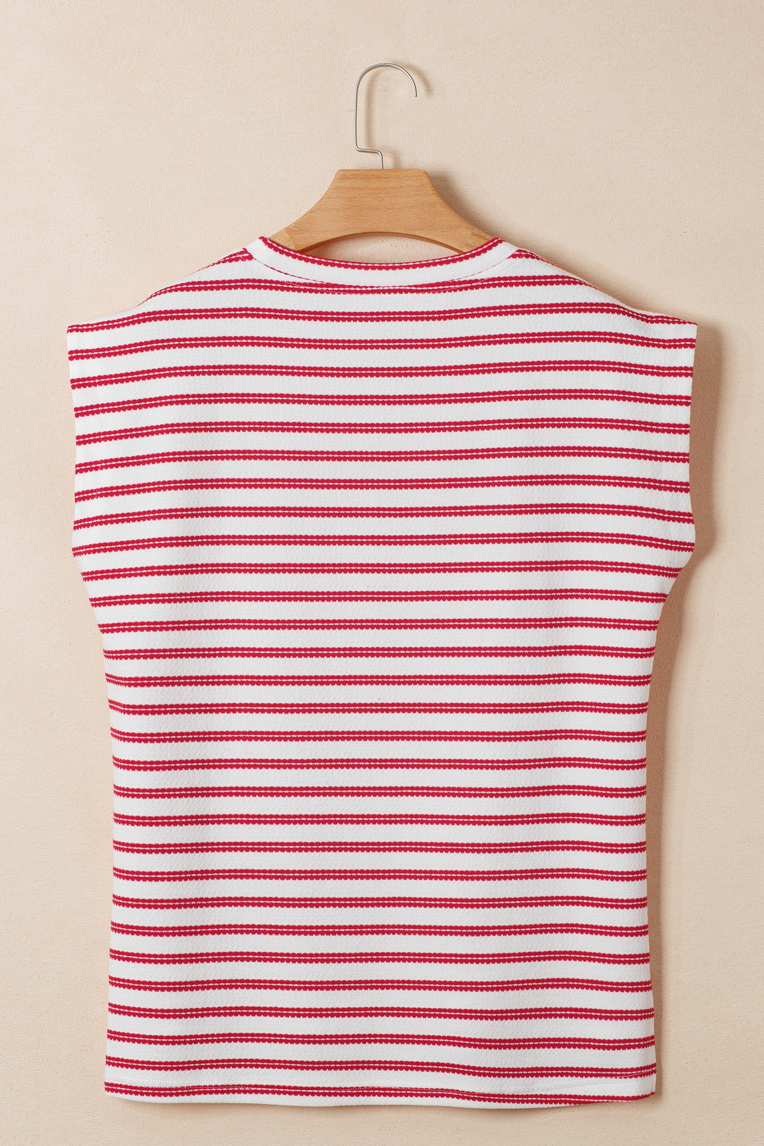Red Stripe Textured Knit Button Detail Short Sleeve Casual Tee - Image 5