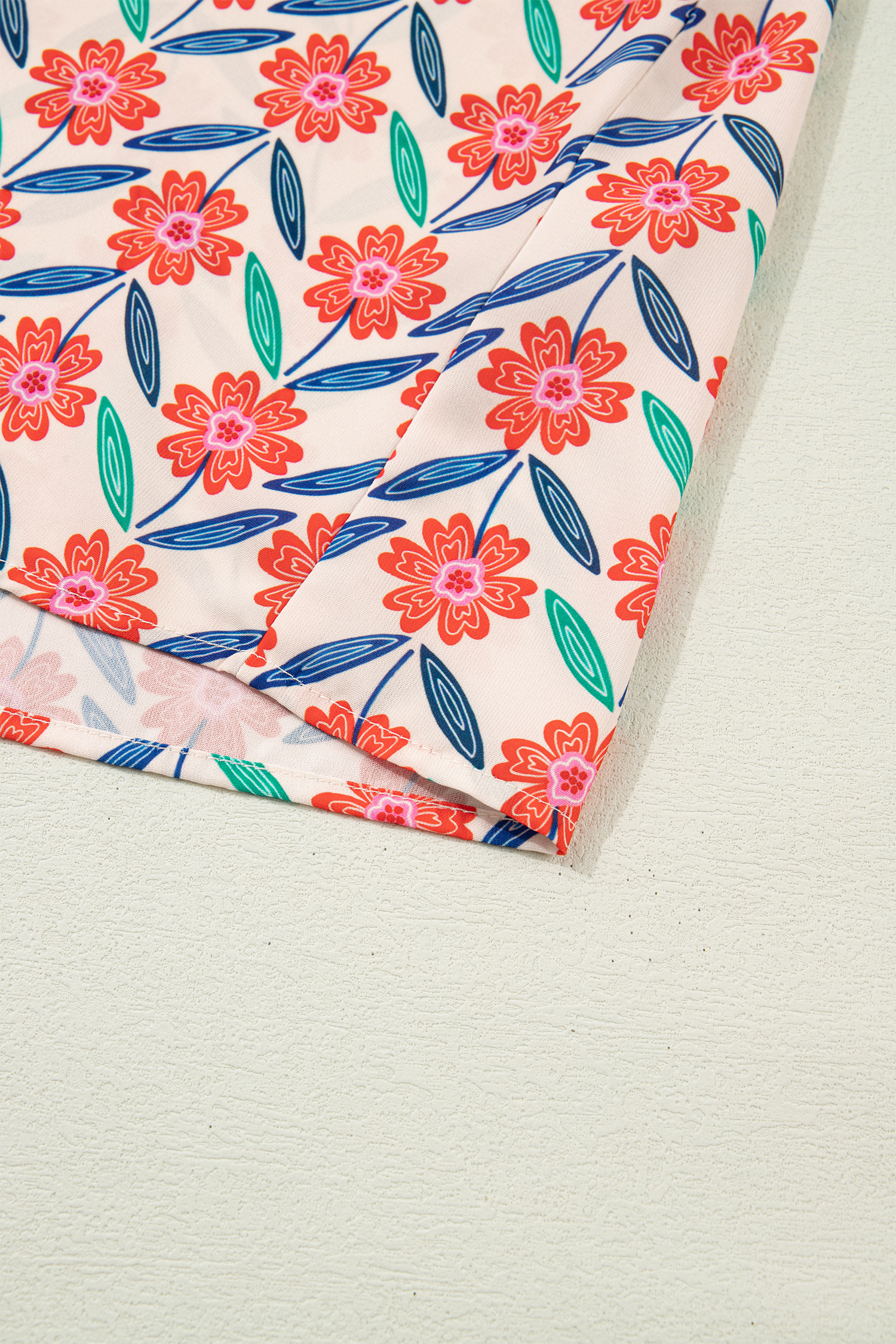 Red Floral Print Striped Detail V Neck Ruffled Short Sleeve Blouse - Image 7