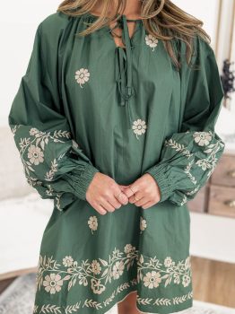 Mist Green Tie Neck Boho Floral Pattern Puff Sleeve Shift Dress