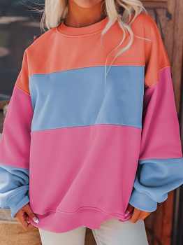 Bright Pink Colorblock Patchwork Drop Shoulder Sweatshirt