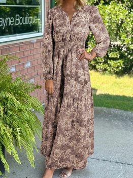 Brown Floral Print Smocked High Waist Long Sleeve Maxi Dress