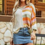 DEAR-LOVER Beige Oversized Colorblock V Neck Hooded Sweater