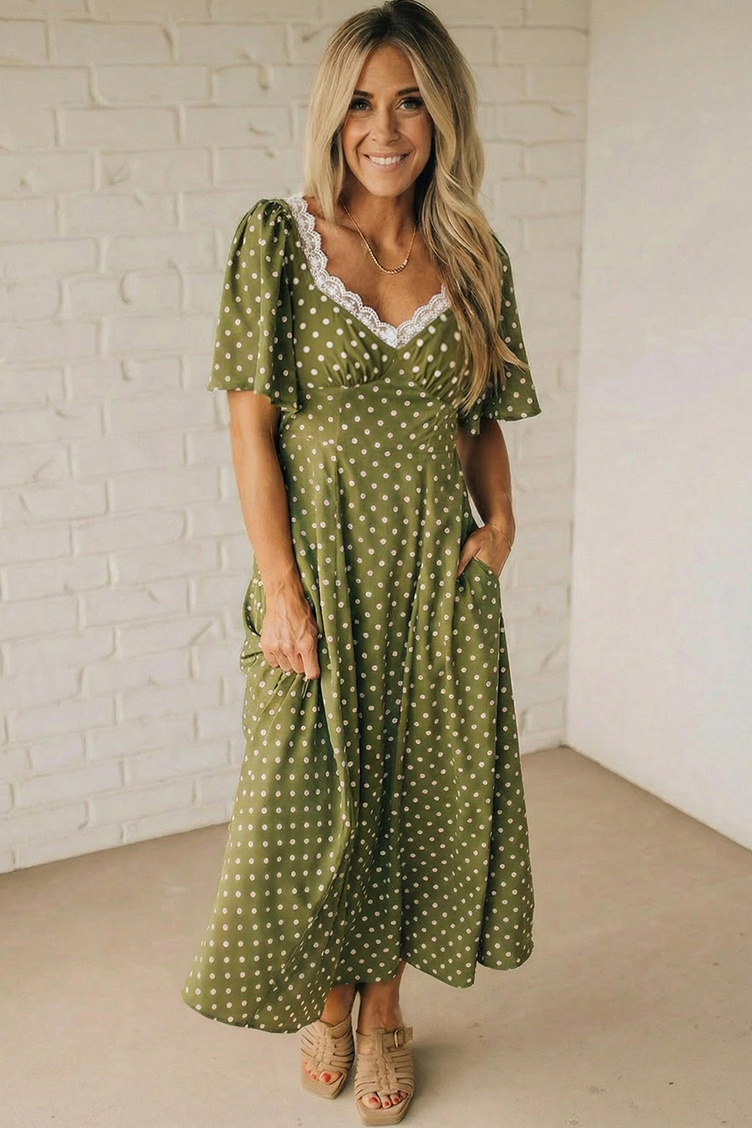 Green Polka Dot Print Lacy Neckline Smocked High Waist Maxi Dress - Image 4