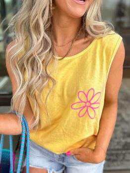 Yellow Cream Flower Graphic Casual Tank Top