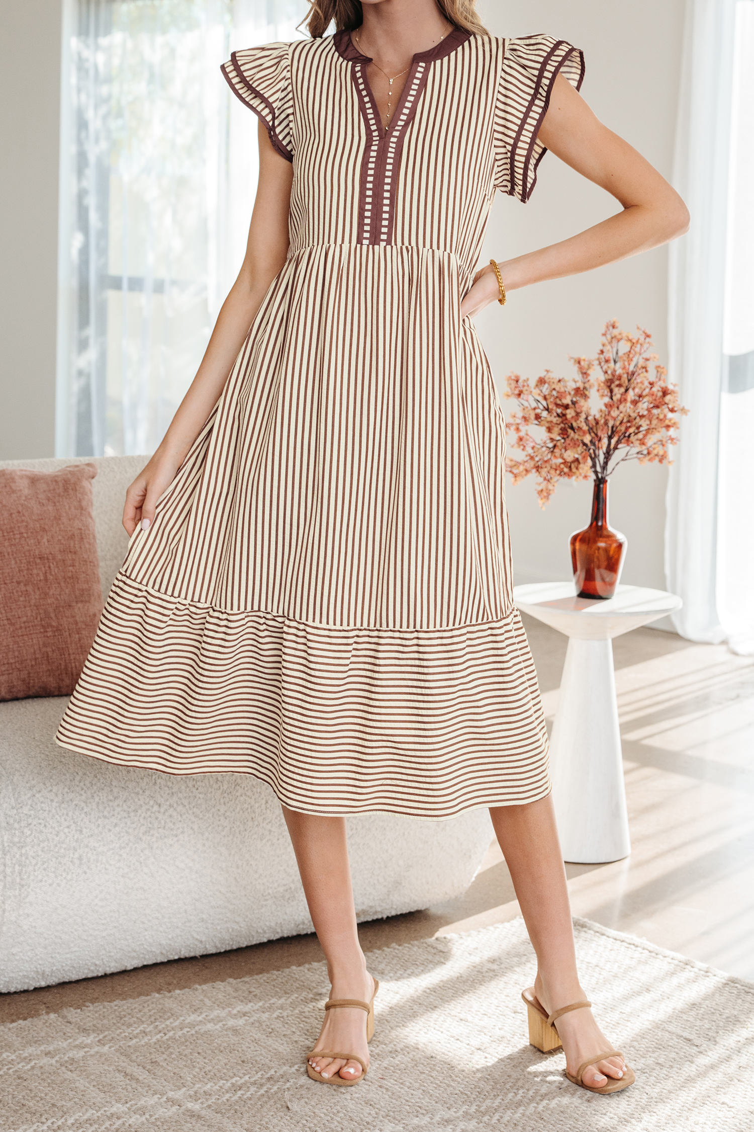 Brown Stripe Double Ruffled Short Sleeve Contrast Trim V Neck Midi Dress - Image 7