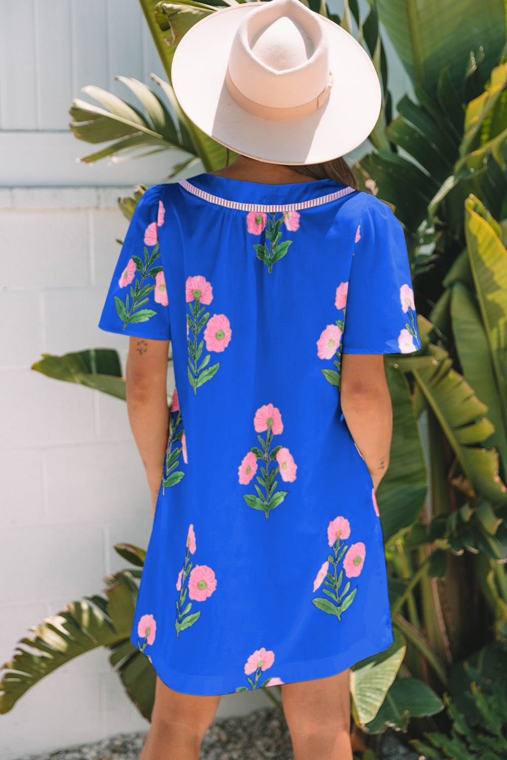 Blue Floral Short Sleeve Split Neck Loose Mini Dress - Image 2
