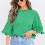 Green Frilly Round Neck Wide Half Sleeve Blouse