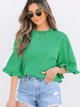 Green Frilly Round Neck Wide Half Sleeve Blouse