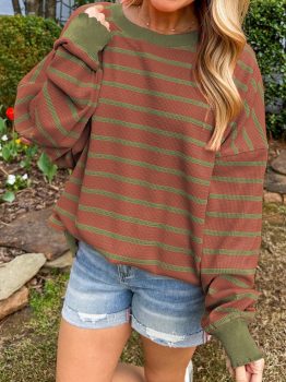 Brown Stripe Trimmed Round Neck Drop Shoulder Loose Sweater
