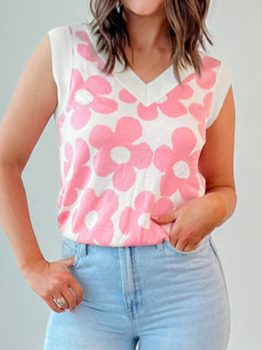 Pink Cute Flower Knitted V Neck Tank Top