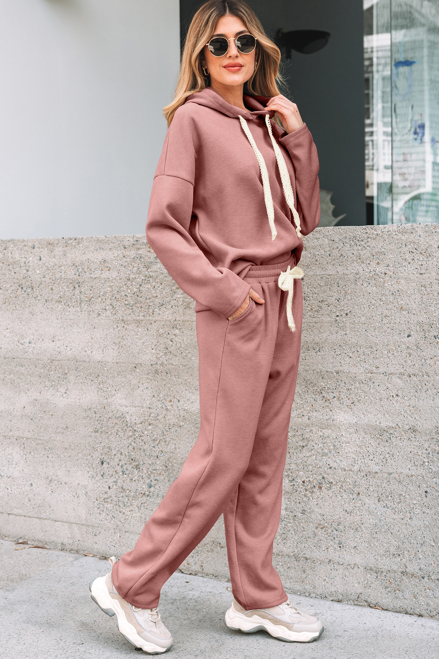 Rose Tan Lace Drawstring Pullover Hoodie and High Waist Pants Corduroy Suit - Image 3