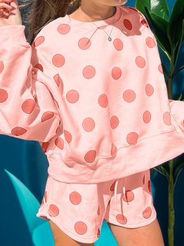 Pink Polka Dot Print Drop Shoulder Pullover Drawstring Shorts Set