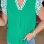Dark Green Plus Size Button Front Ruffled Stripe Trim V Neck Flutter Sleeve Blouse
