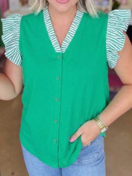 Dark Green Plus Size Button Front Ruffled Stripe Trim V Neck Flutter Sleeve Blouse