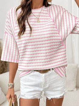 Pink Stripe Textured Knit Split Hem Half Sleeve Loose Top
