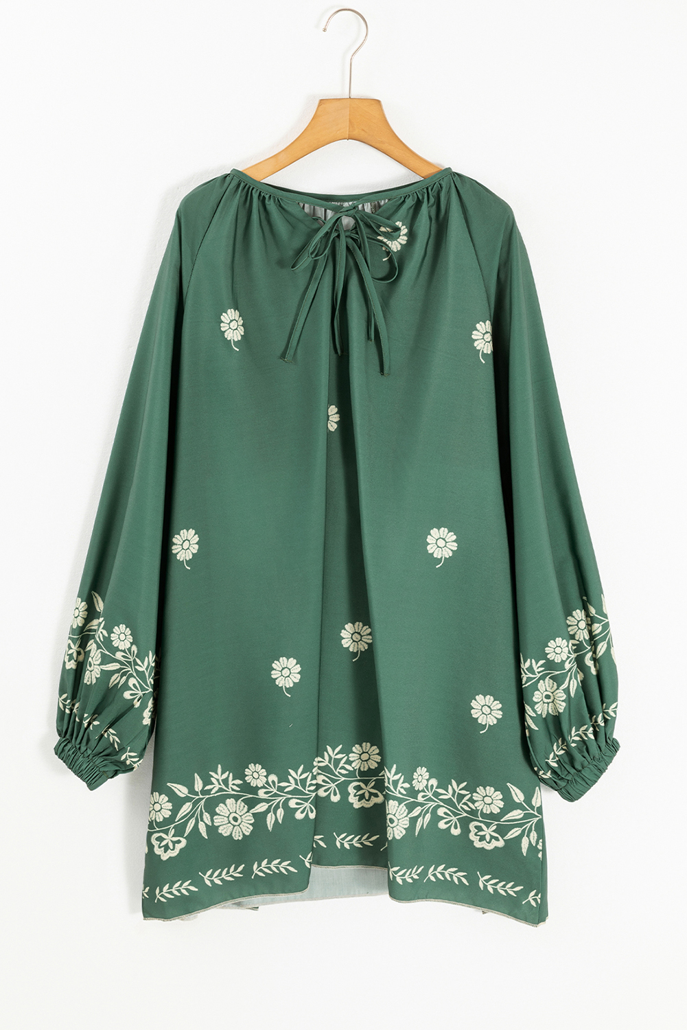 Mist Green Tie Neck Boho Floral Pattern Puff Sleeve Shift Dress - Image 4
