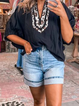 Black Dolman Half Sleeve Leopard Patchwork Trim V Neck Blouse