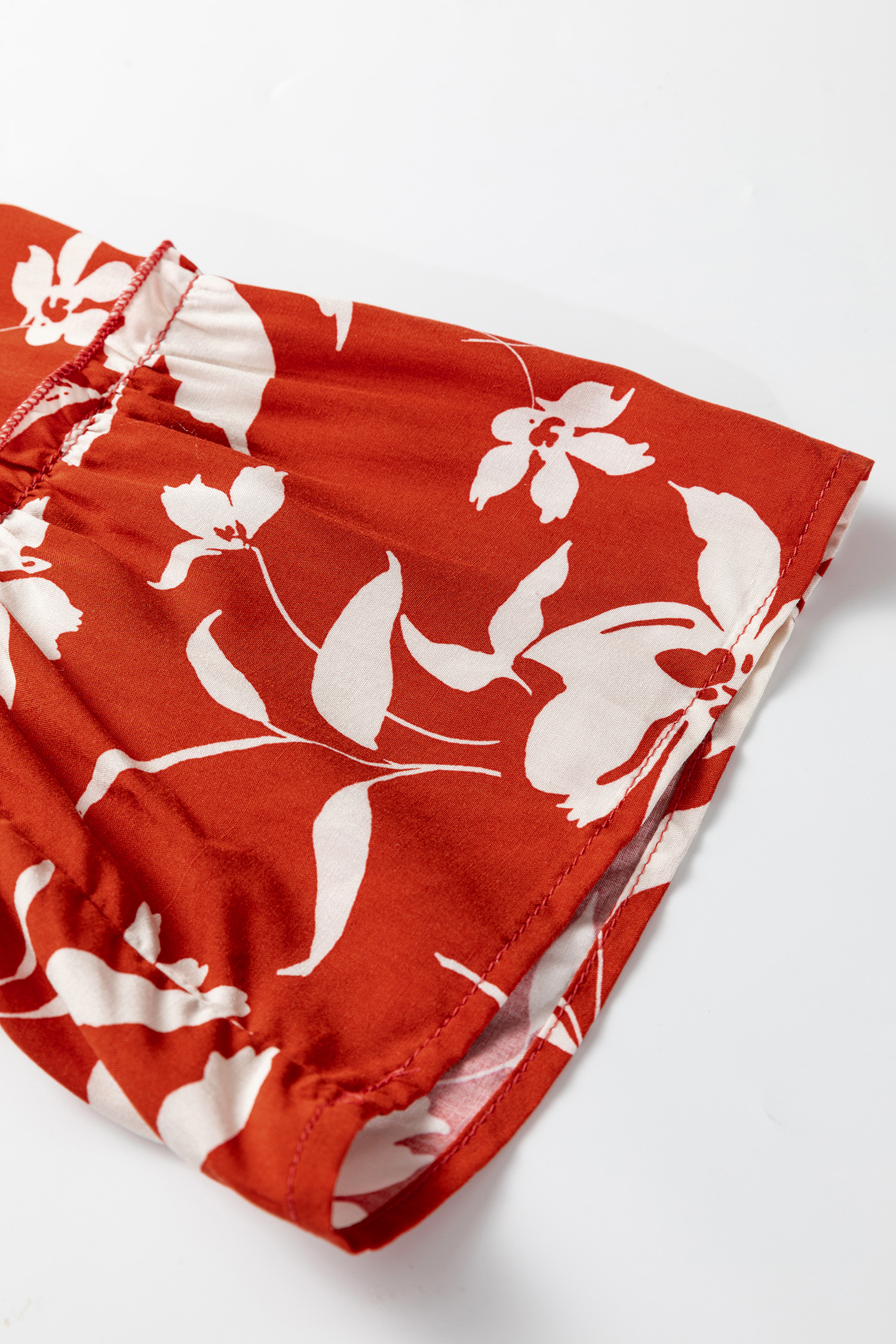 Red Boho Floral Print Lettuce Trim 3/4 Sleeve Mini Dress - Image 6