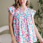 Sky Blue Shirred Yoke Ruffled Abstract Printed Blouse