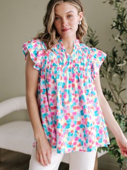 Sky Blue Shirred Yoke Ruffled Abstract Printed Blouse