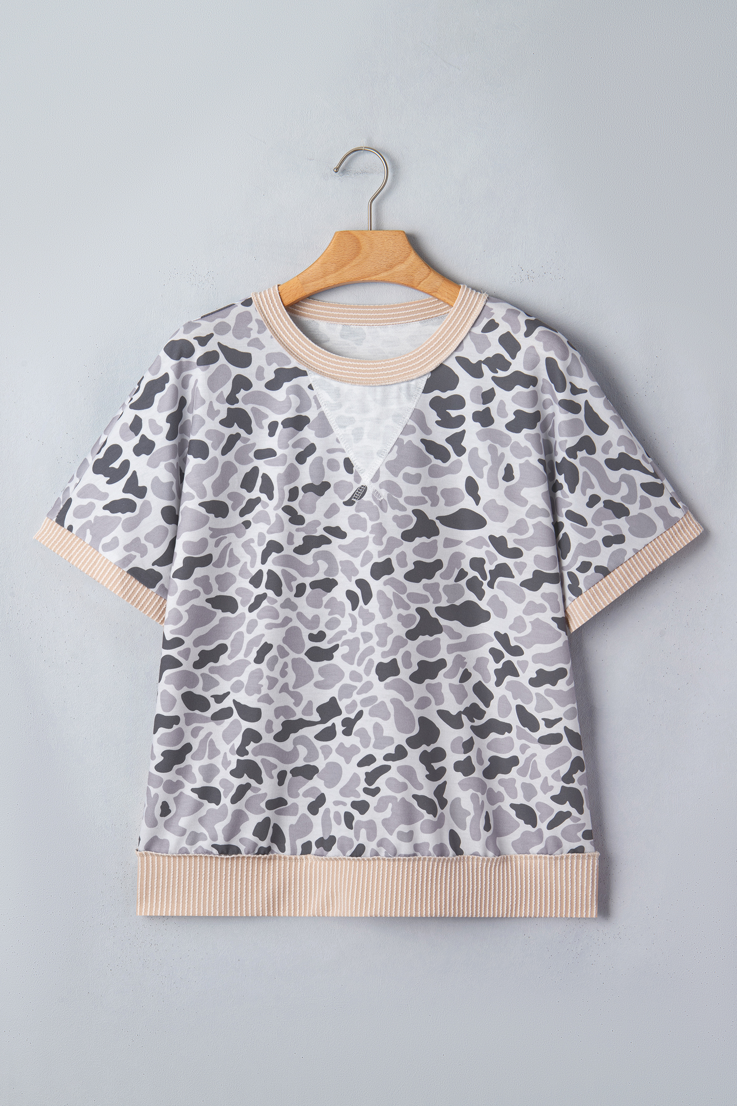 Gray Camouflage Print Twisted Ribbed Patchwork Casual T Shirt - Image 3