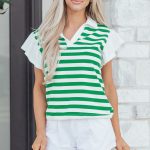Green Stripe Collar V Neck Ruffled Short Sleeve Blouse