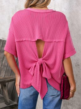 Rose Red Spiral Ribbed Cutout Bow Knot Back Oversize T Shirt