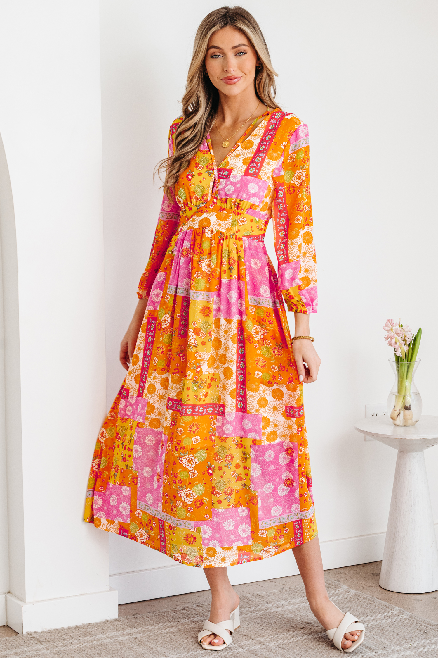 Orange Floral Patchwork Print Cut out Tied Back Bracelet Sleeve Maxi Dress - Image 7