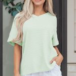Clearly Aqua Waffle V Neck Short Sleeve Knit Top