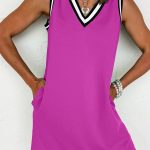 Purple Orchid Color Contrast Trim V Neck Shift Sleeveless Mini Dress