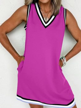 Purple Orchid Color Contrast Trim V Neck Shift Sleeveless Mini Dress