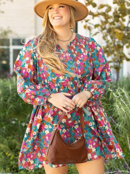 Sky Blue Plus Size Floral Print Shirred Ruffle Tiered Mini Dress