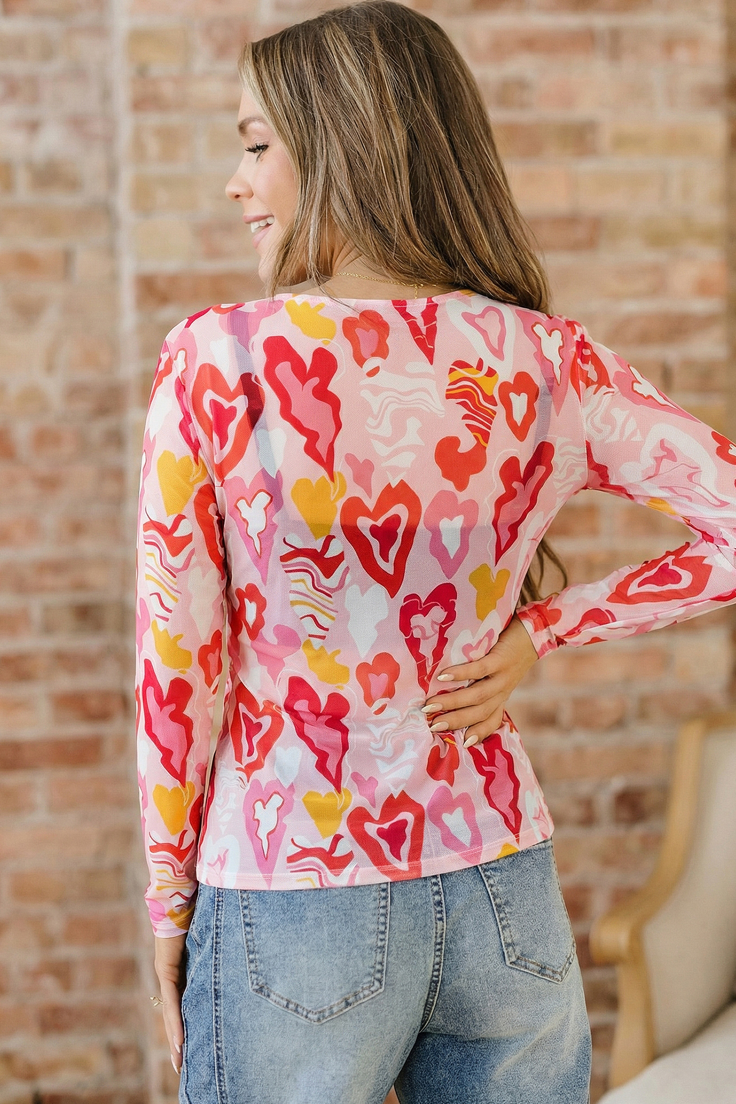 Rose Valentine Heart Mesh Long Sleeve Top - Image 3
