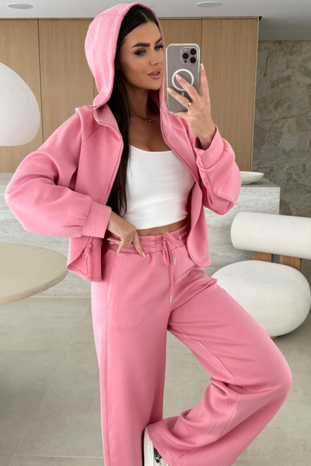 Pink Solid Color Zip Up Hoodie Drawstring Loose Pants Set - Image 2