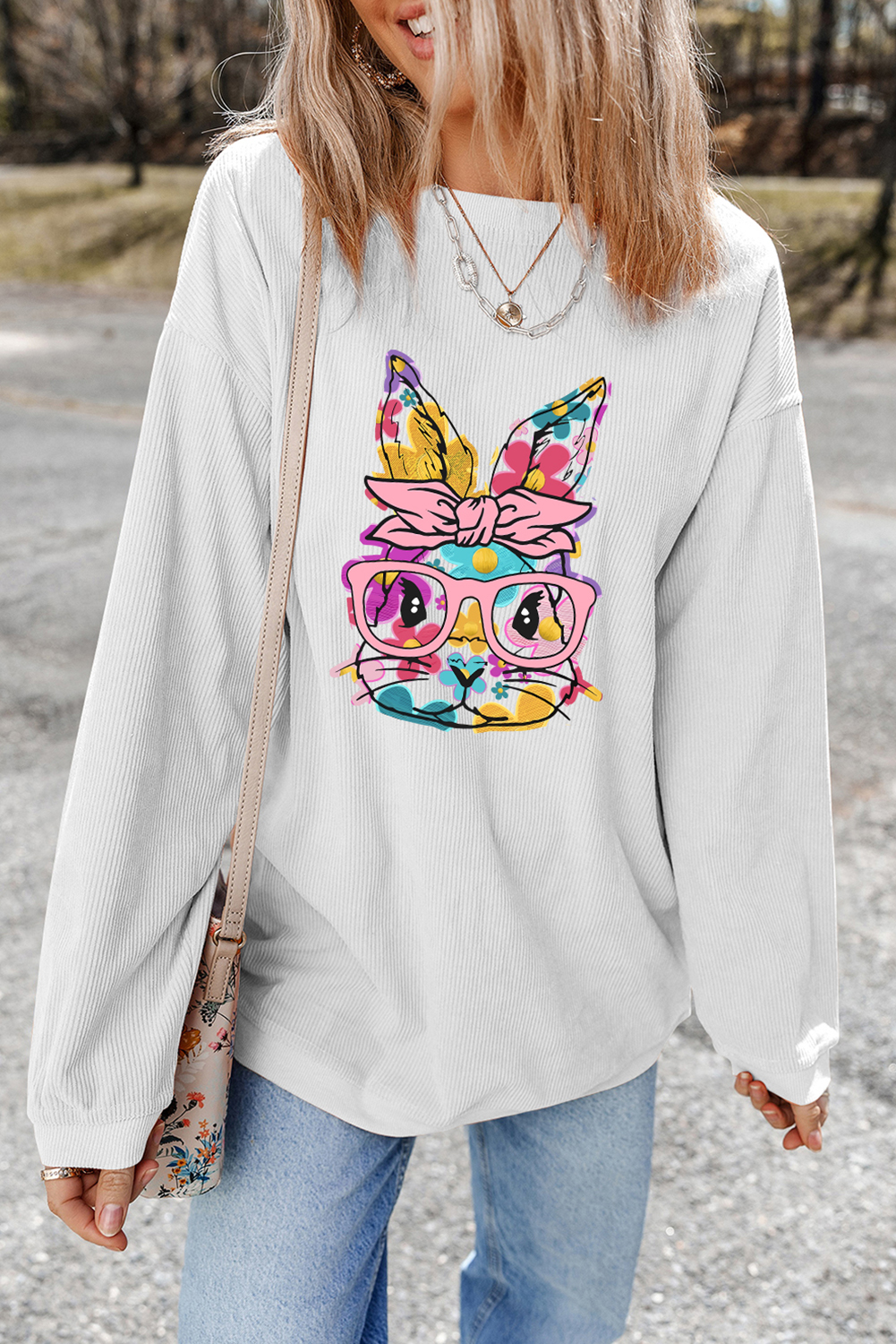 White Floral Rabbit with Glasses Graphic Corded Easter Sweatshirt - Image 7