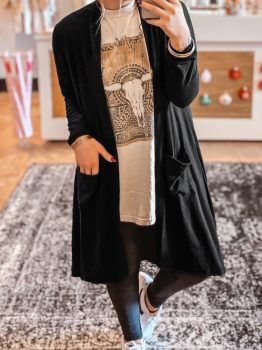 Black Solid Color Open Front Cardigan with Pocket