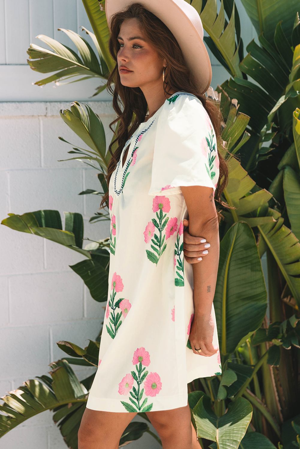 Apricot Floral Short Sleeve Split Neck Loose Mini Dress - Image 3