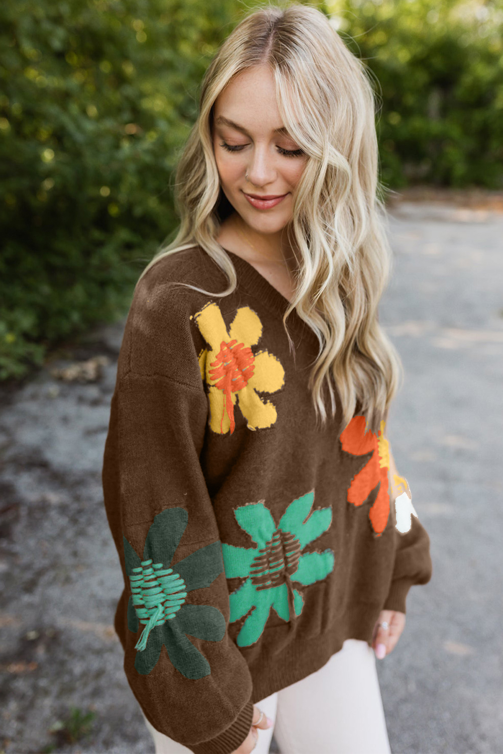 Coffee Big Flower Pattern V Neck Drop Shoulder Sweater - Image 4