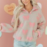Gray Bow Sherpa Quarter Zip Drop Shoulder Baggy Sweatshirt