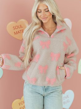 Gray Bow Sherpa Quarter Zip Drop Shoulder Baggy Sweatshirt