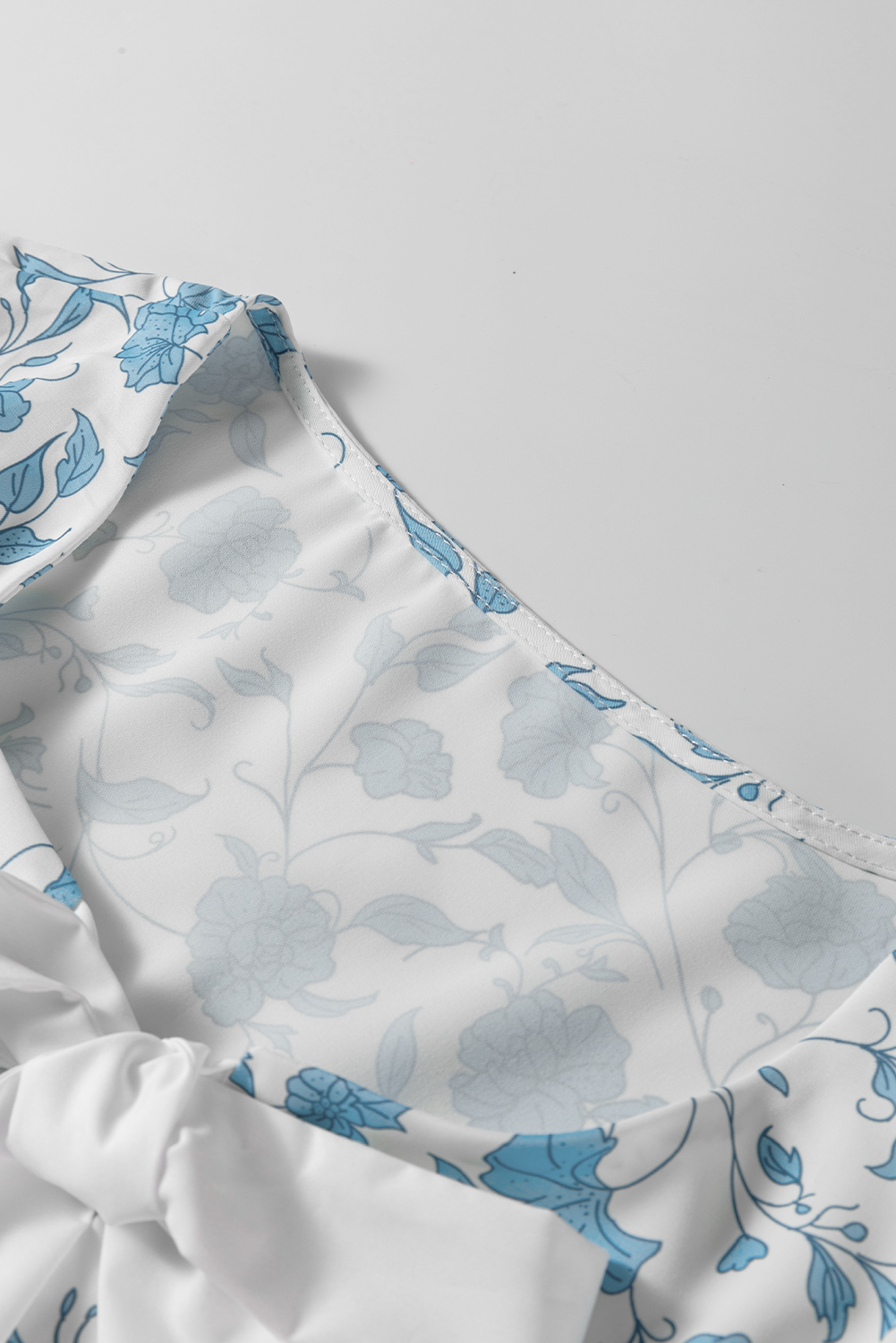 Sky Blue Floral Contrast Bow Puff Sleeve Mini Dress - Image 5