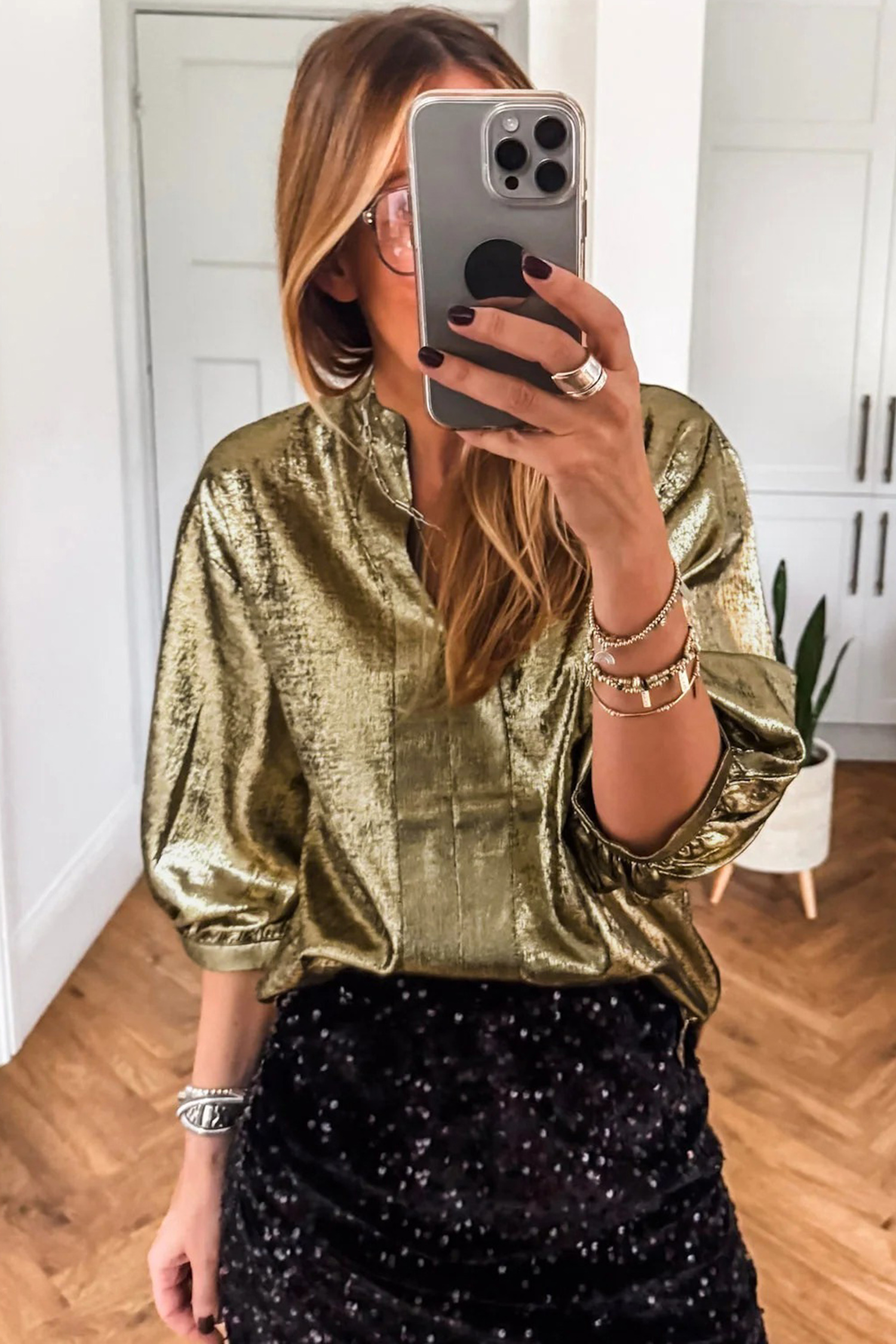 Gold Metallic Split Neck Half Sleeve Blouse - Image 2