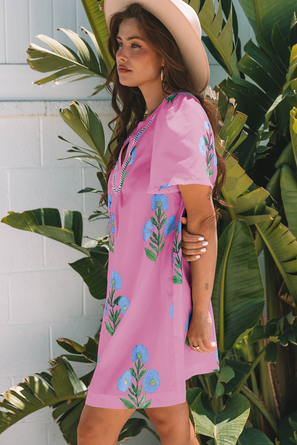 Rose Floral Short Sleeve Split Neck Loose Mini Dress - Image 4