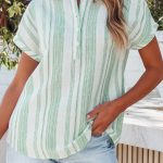 Green Breathable Gauze Half Button Short Sleeve Casual Blouse
