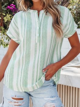 Green Breathable Gauze Half Button Short Sleeve Casual Blouse
