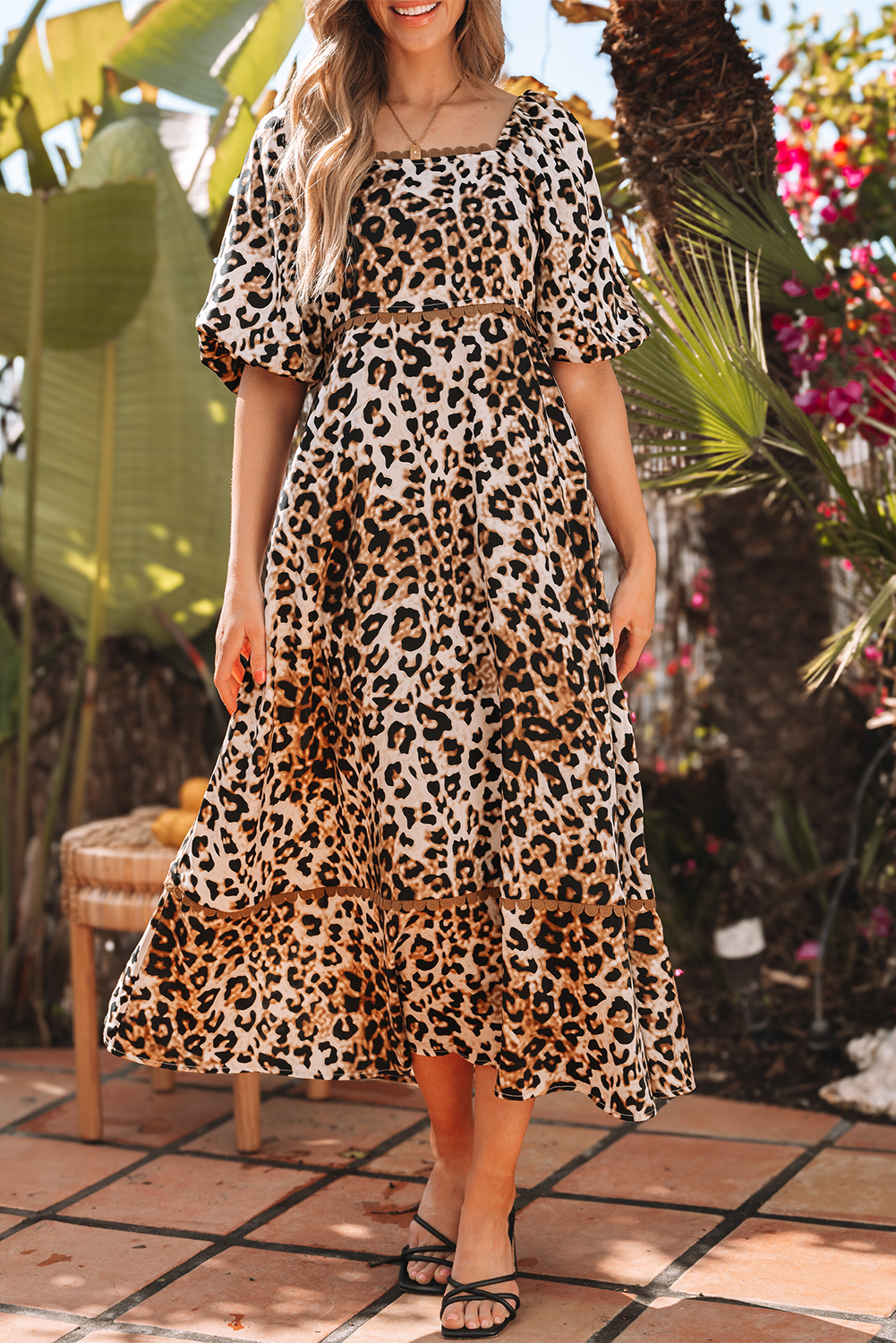 Brown Leopard Print Bubble Sleeve Square Neck Maxi Dress - Image 6