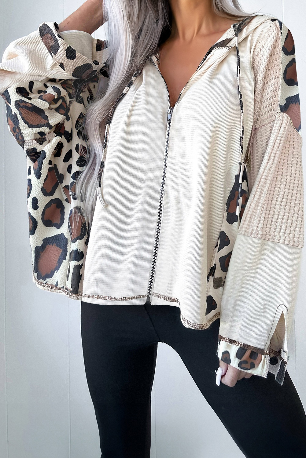 Apricot Oversized Leopard Contrast Mixed Texture Patchwork Zip Up Drop Shoulder Hoodie - Image 2