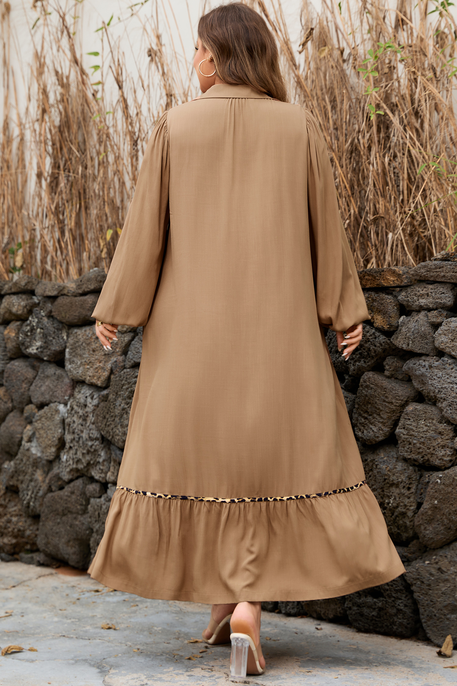 Chestnut Smocked V Neckline Leopard Piping Accent Bracelet Plus Size Long Dress - Image 2