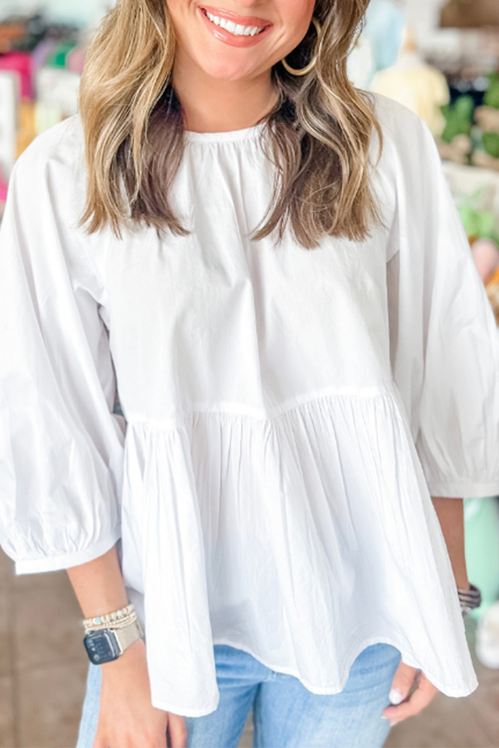 White Bow Knot Cutout Back Loose Fit 3/4 Sleeve Blouse - Image 8