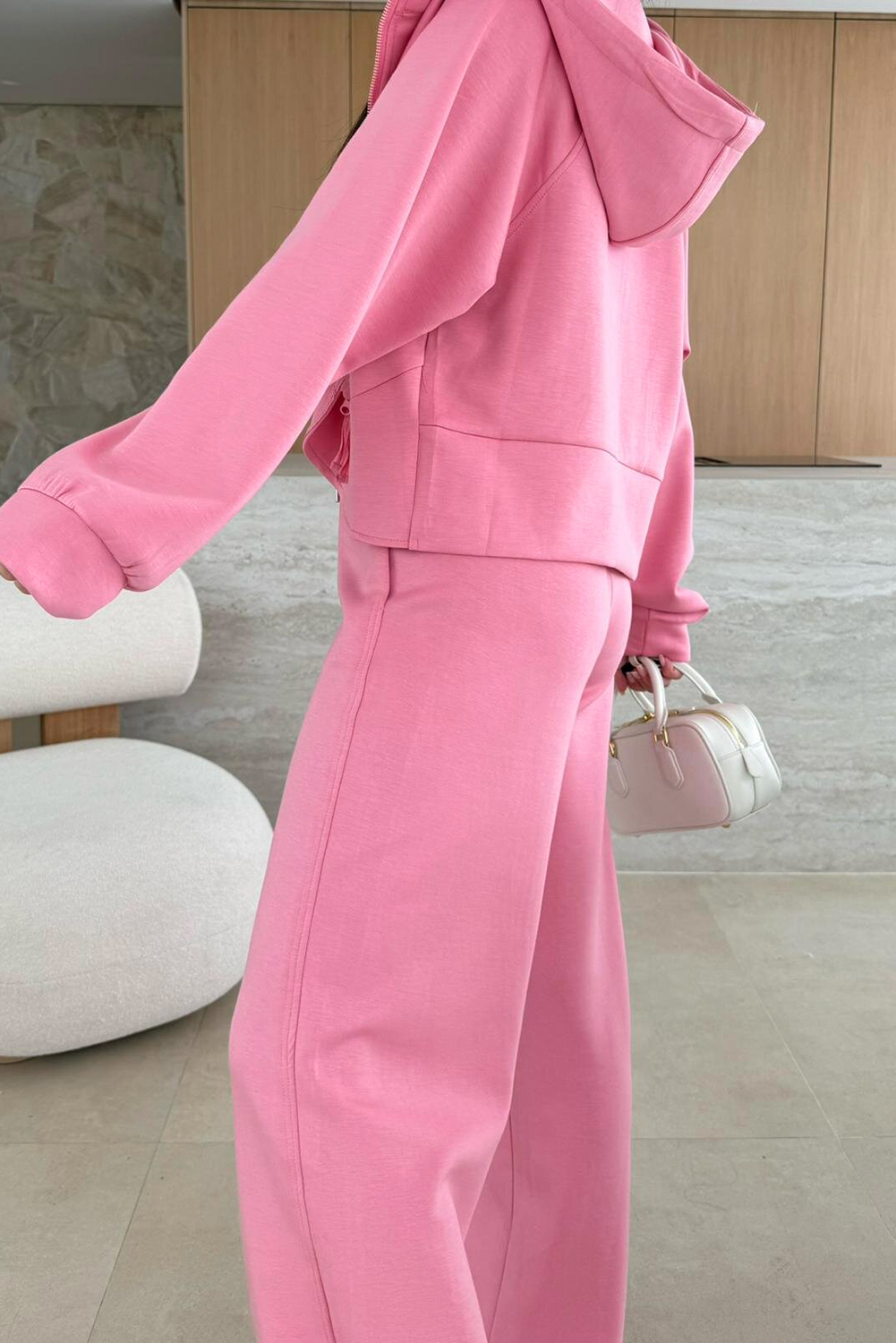 Pink Solid Color Zip Up Hoodie Drawstring Loose Pants Set - Image 5